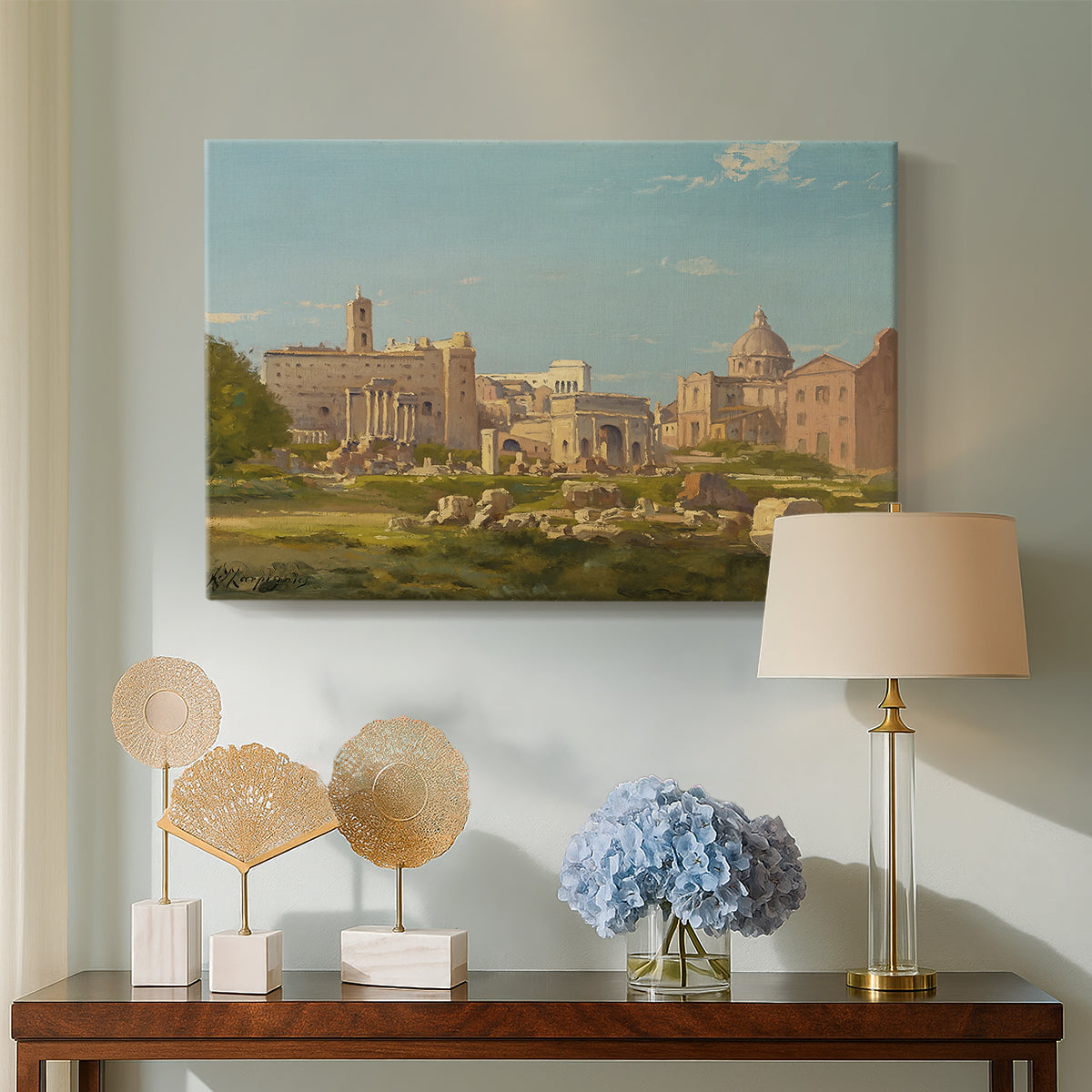 Canvas art print featuring a cityscape featuring ancient buildings and open terrain, displayed above a styled console table