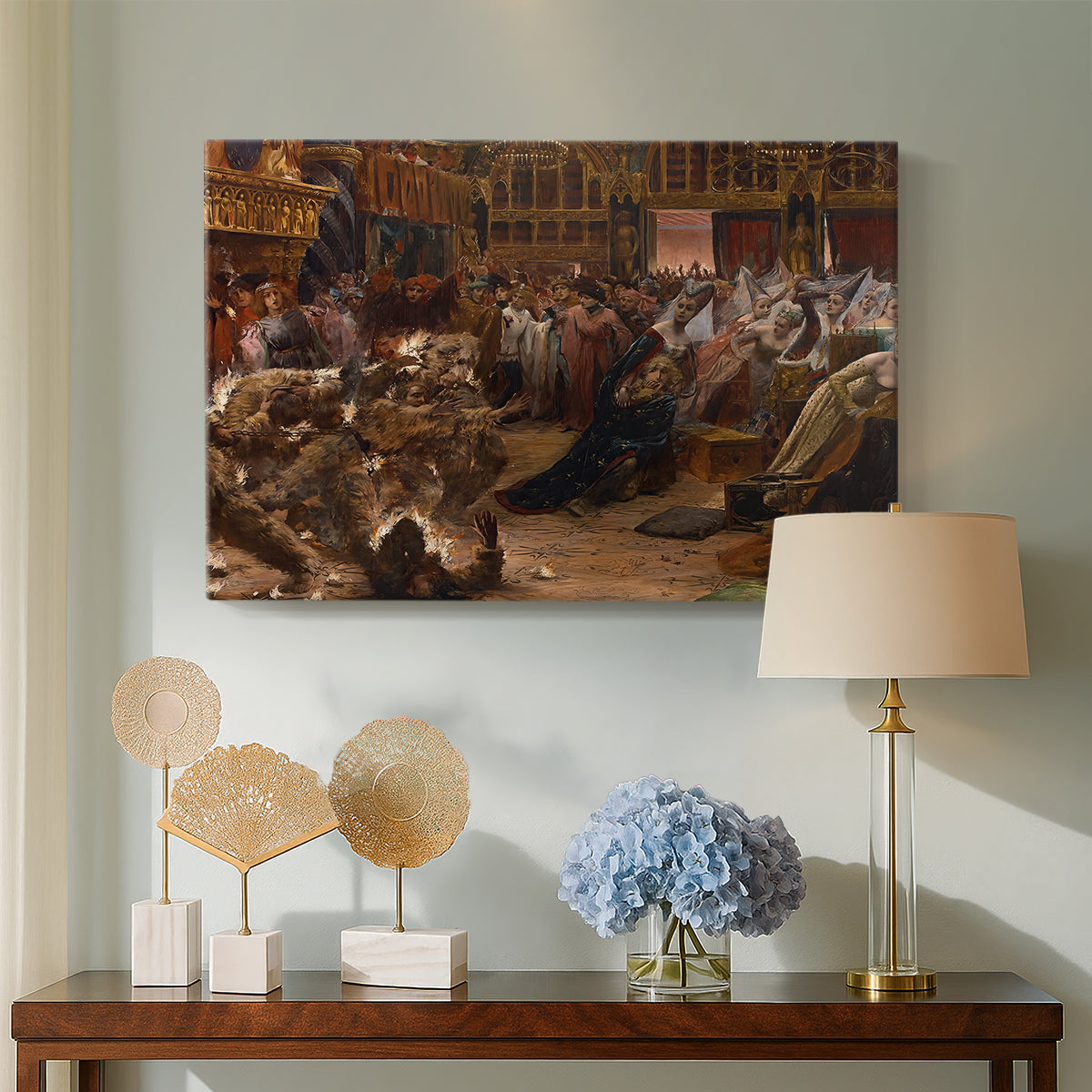 Canvas art print featuring an ornate interior with figures engaged in theatrical event, displayed above a styled console table