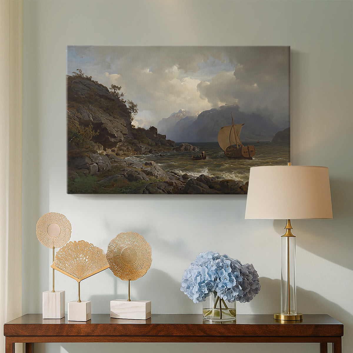 Canvas art print featuring an expansive ocean view with cliffs and maritime activity, displayed above a styled console table