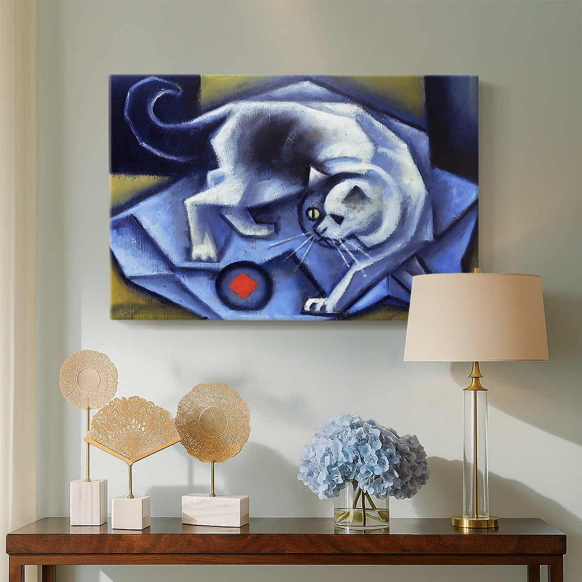 Canvas art print featuring a cubist depiction of motion, displayed above a styled console table