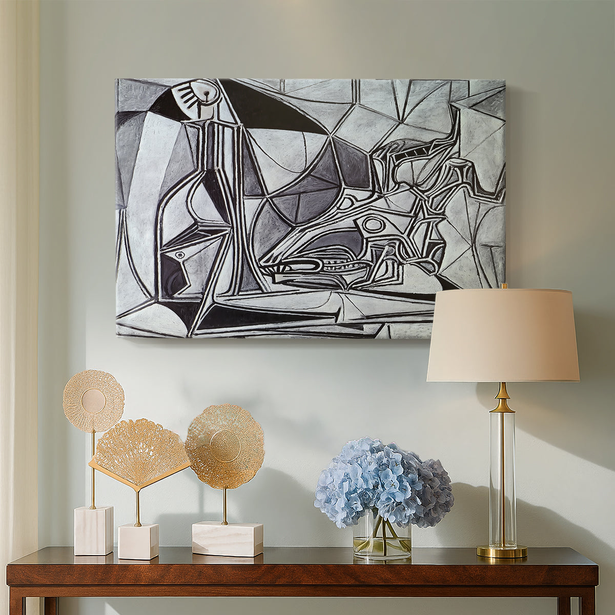Canvas art print featuring an expressive still life with contrast, displayed above a styled console table