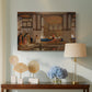 Canvas art print featuring a detailed interior with social interaction, displayed above a styled console table