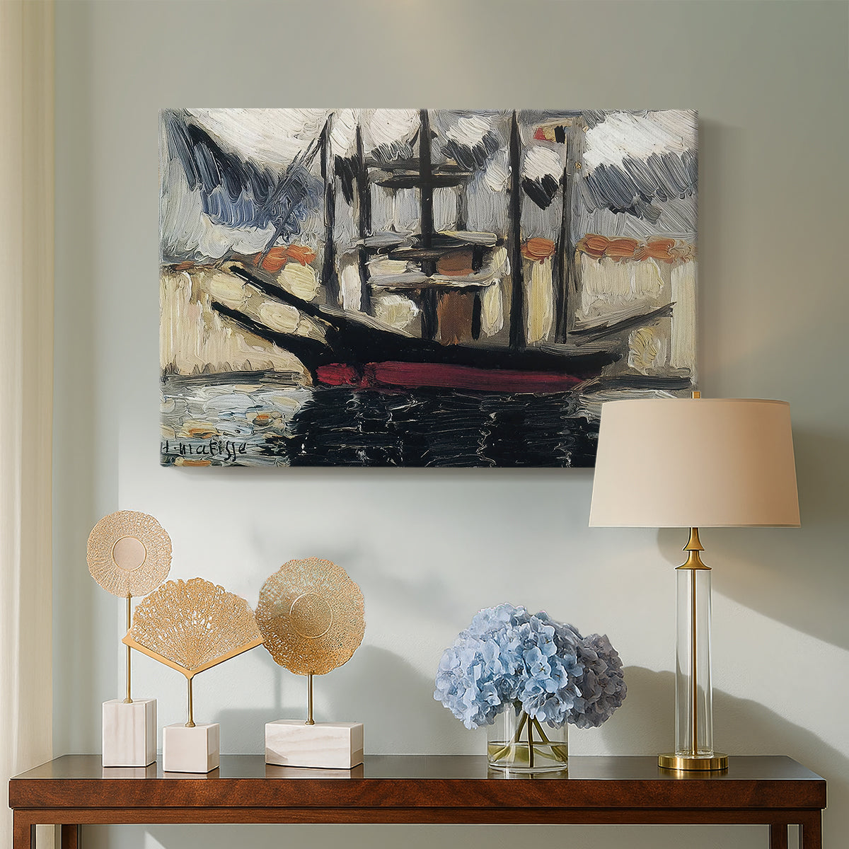Canvas art print featuring a Fauvist maritime view, displayed above a styled console table