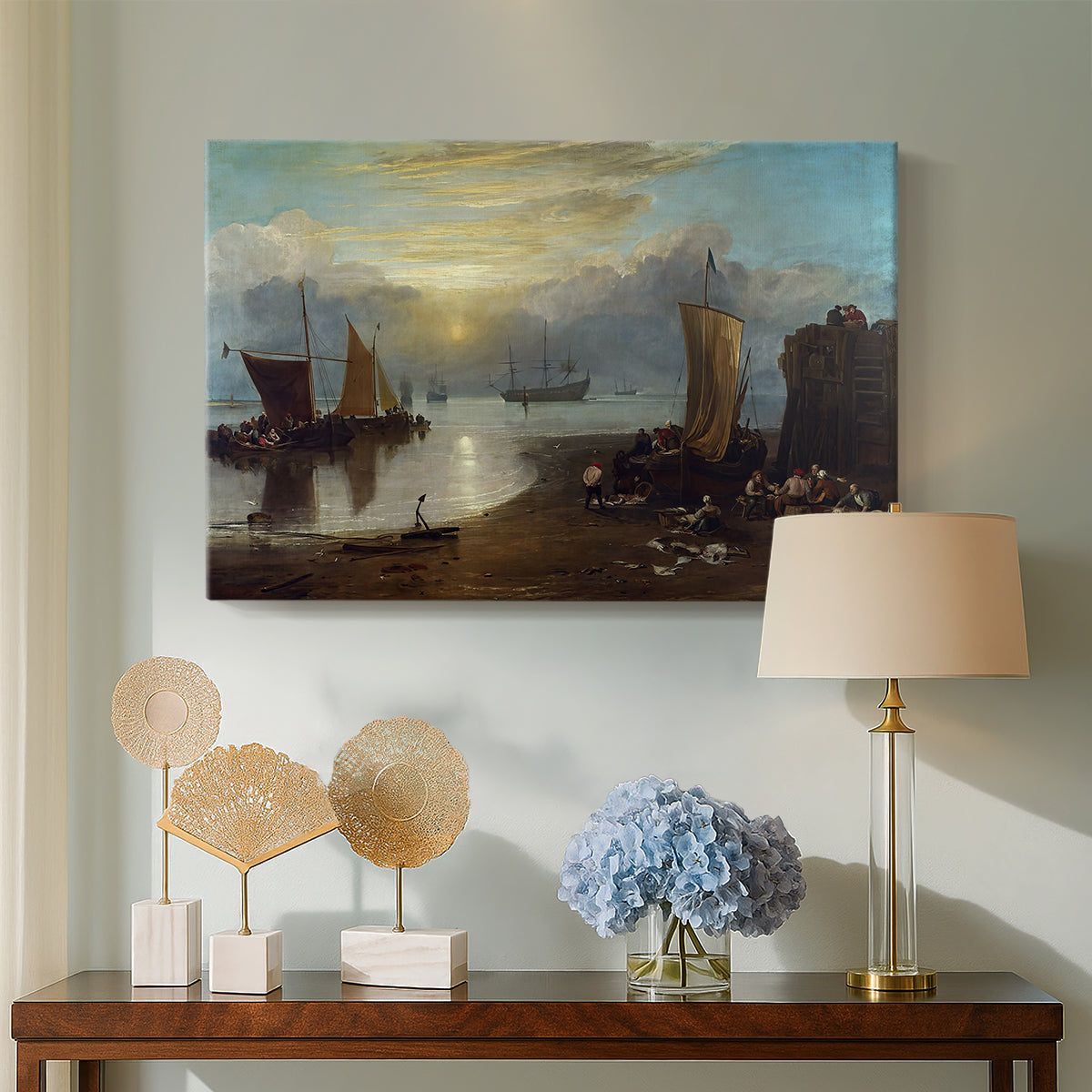 Canvas art print featuring an expressive maritime composition, displayed above a styled console table
