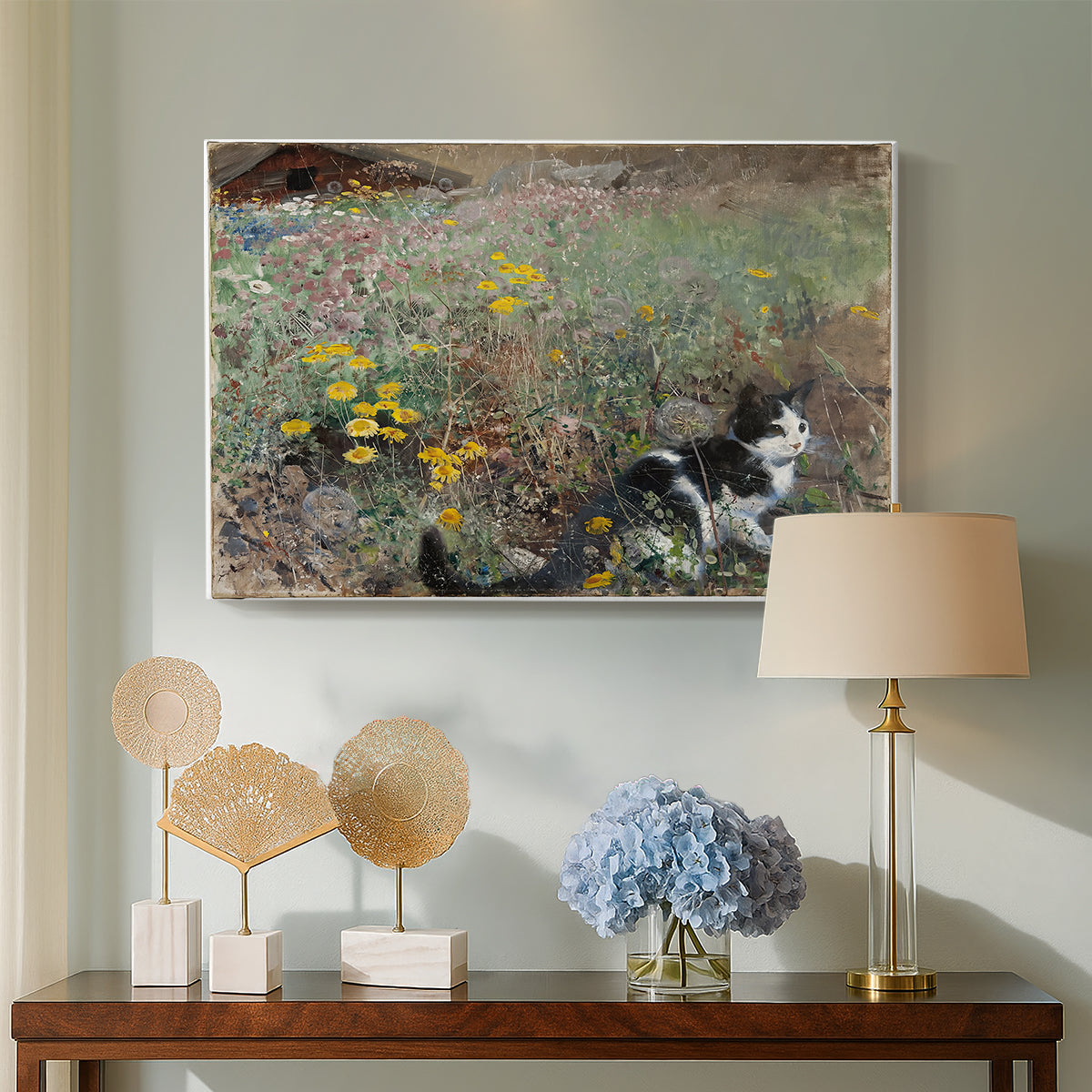 Canvas art print featuring an animal scene of cat hidden in lush meadow vegetation, displayed above a styled console table