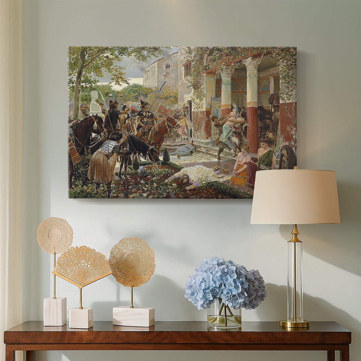 Canvas art print featuring a historical battle scene filled with movement and conflict, displayed above a styled console table