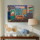 Canvas art print featuring an expressive interior scene with vegetables and bold pattern, displayed above a styled console table