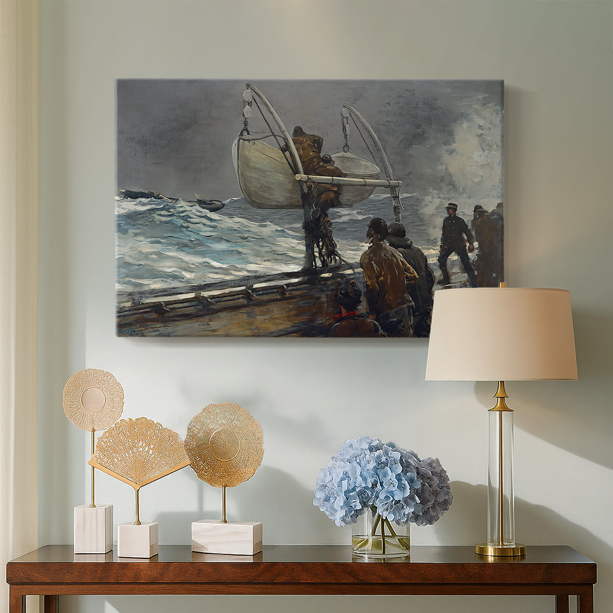 Canvas art print featuring a shoreline composition showing communication between land and sea, displayed above a styled console table