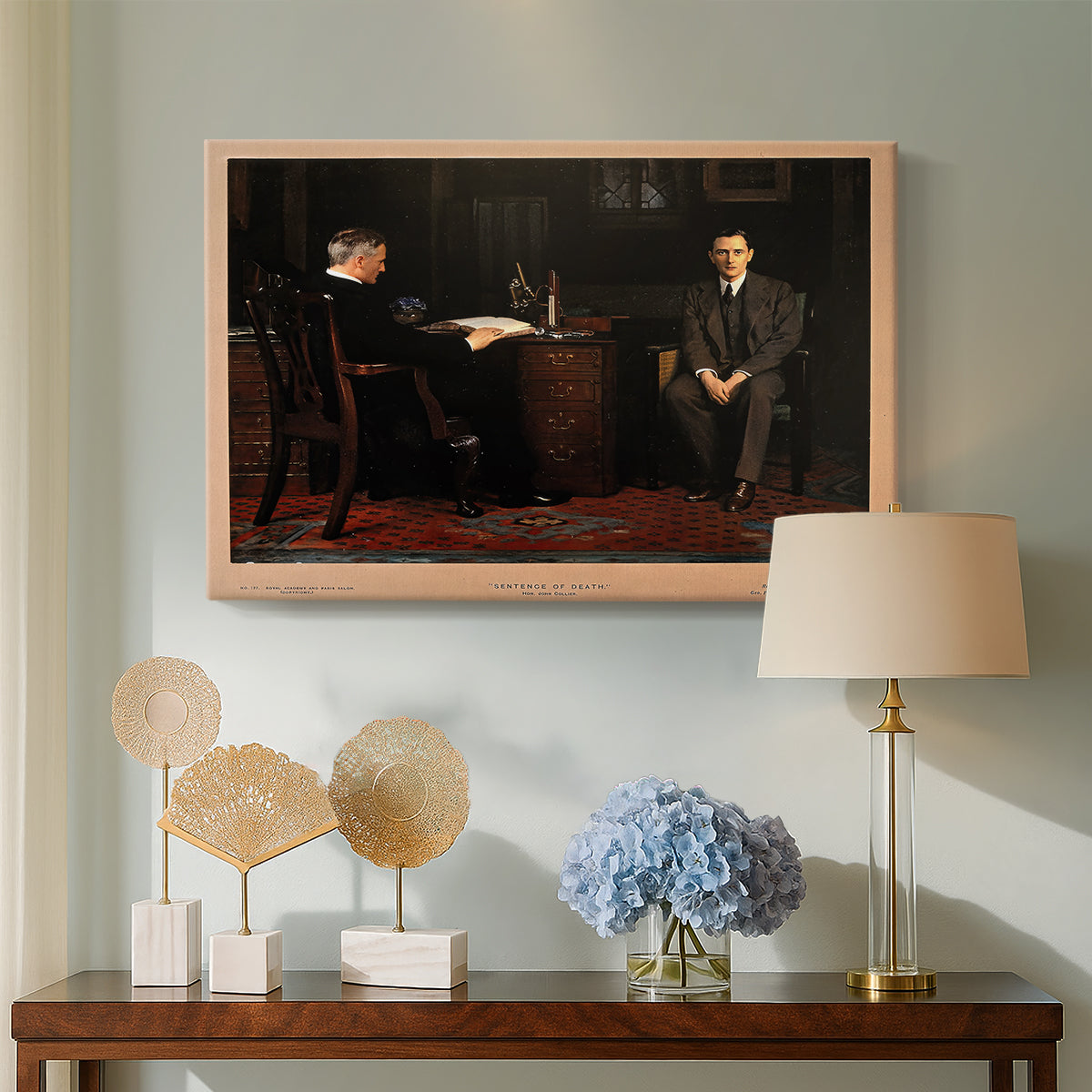 Canvas art print featuring an expressive composition with tense interaction, displayed above a styled console table