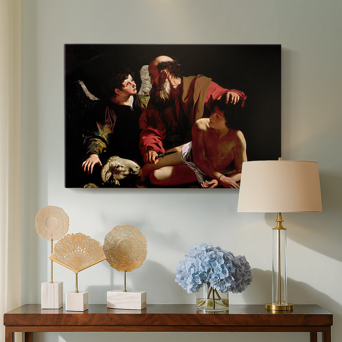 Canvas art print featuring a dramatic moment of divine intervention during sacrifice of Isaac, displayed above a styled console table