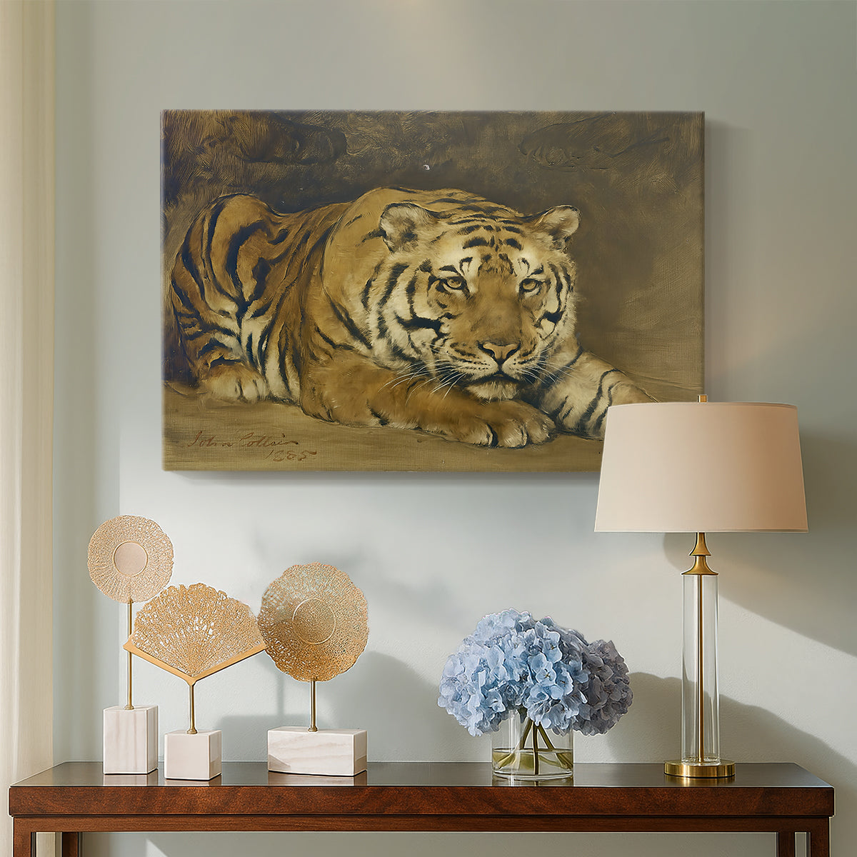 Canvas art print featuring an expressive depiction of tiger, displayed above a styled console table