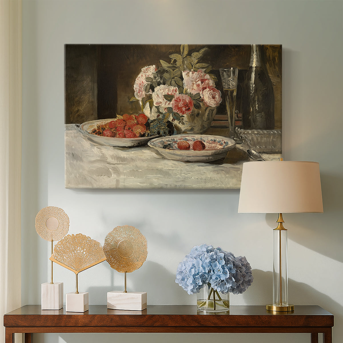 Canvas art print featuring a tabletop scene with strawberries and champagne glass, displayed above a styled console table