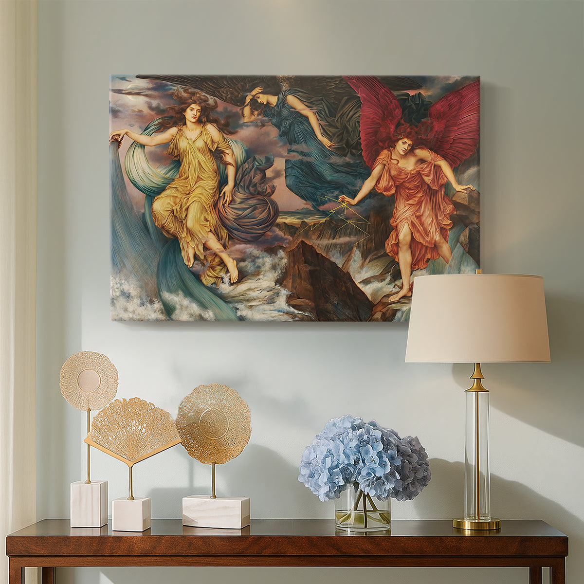 Canvas art print featuring a dynamic composition of figures embodying storm energy, displayed above a styled console table