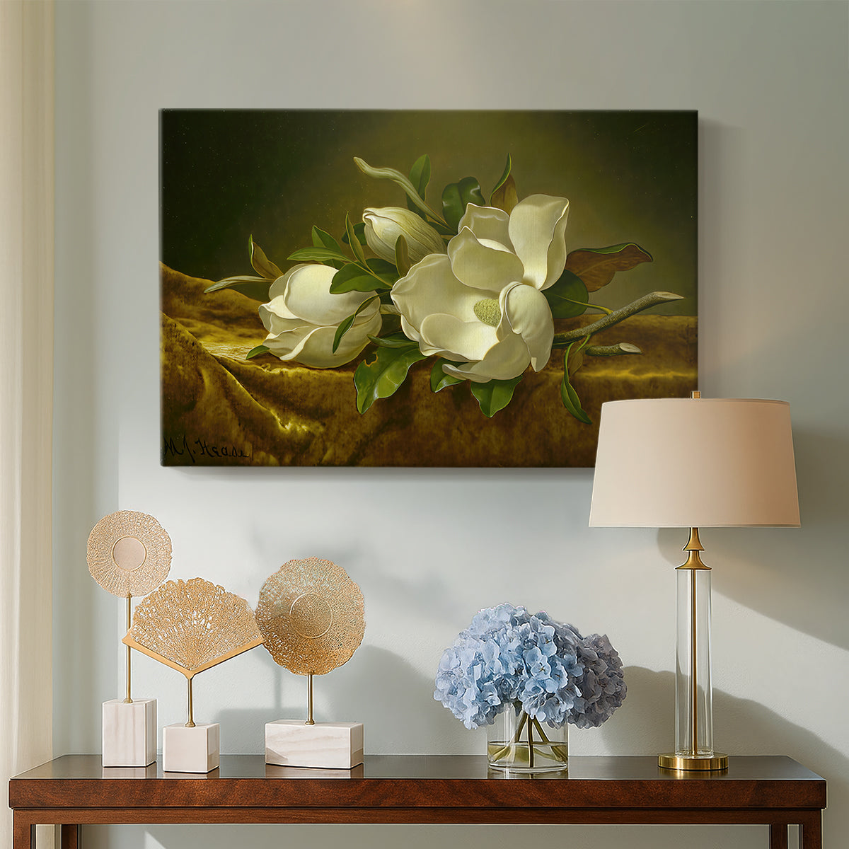 Canvas art print featuring a botanical composition with texture, displayed above a styled console table