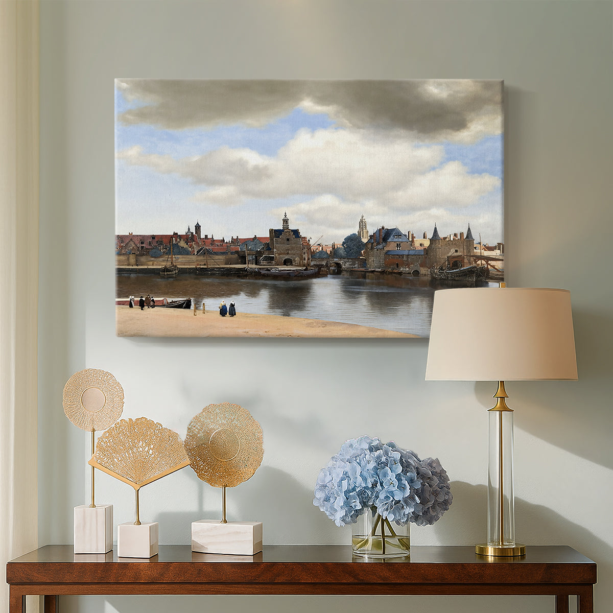 Canvas art print featuring an atmospheric city view with reflections, displayed above a styled console table
