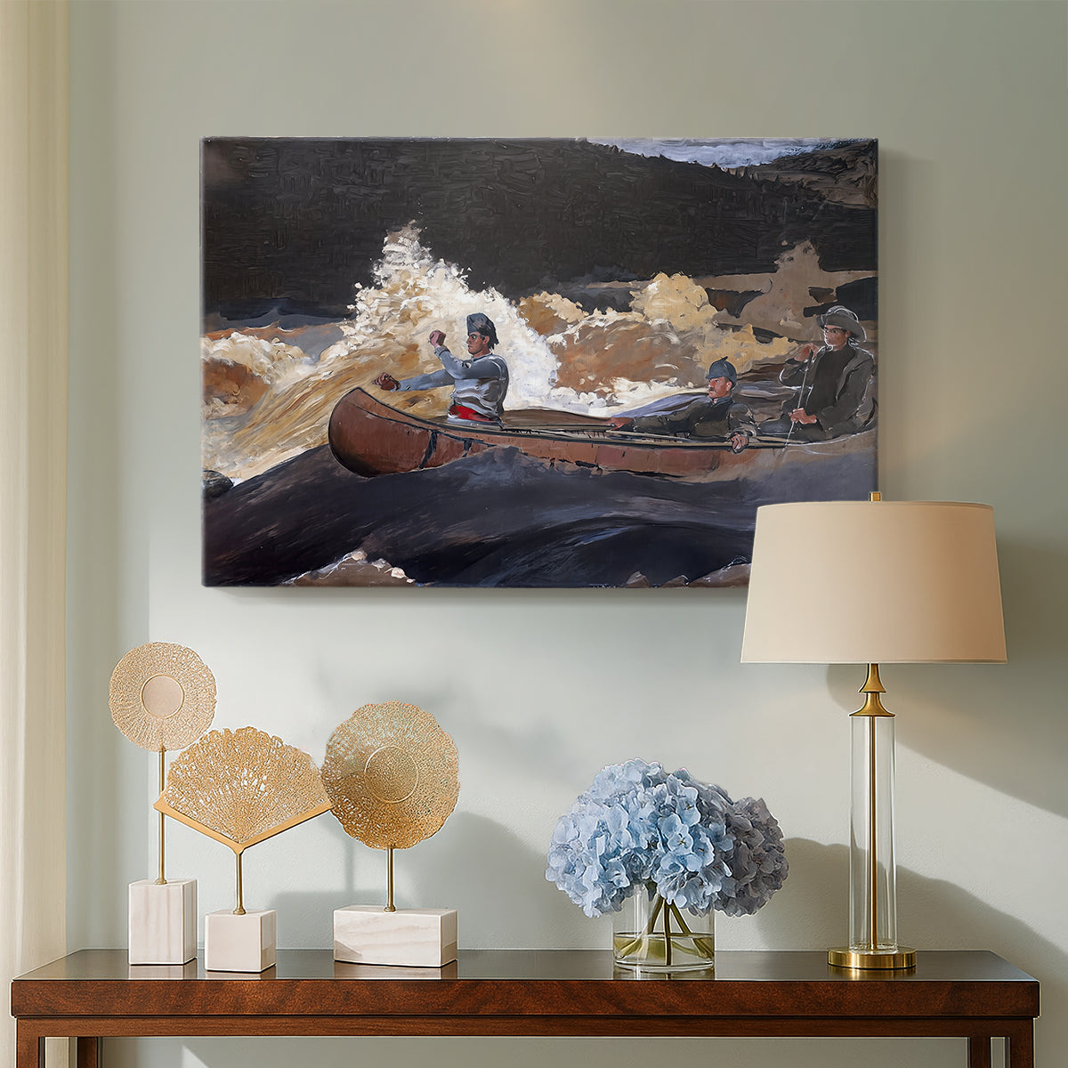 Canvas art print featuring a river composition showing motion and control in turbulent current, displayed above a styled console table