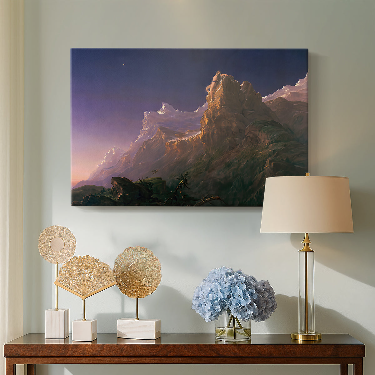 Canvas art print featuring a romantic composition with symbolic figure and environment, displayed above a styled console table