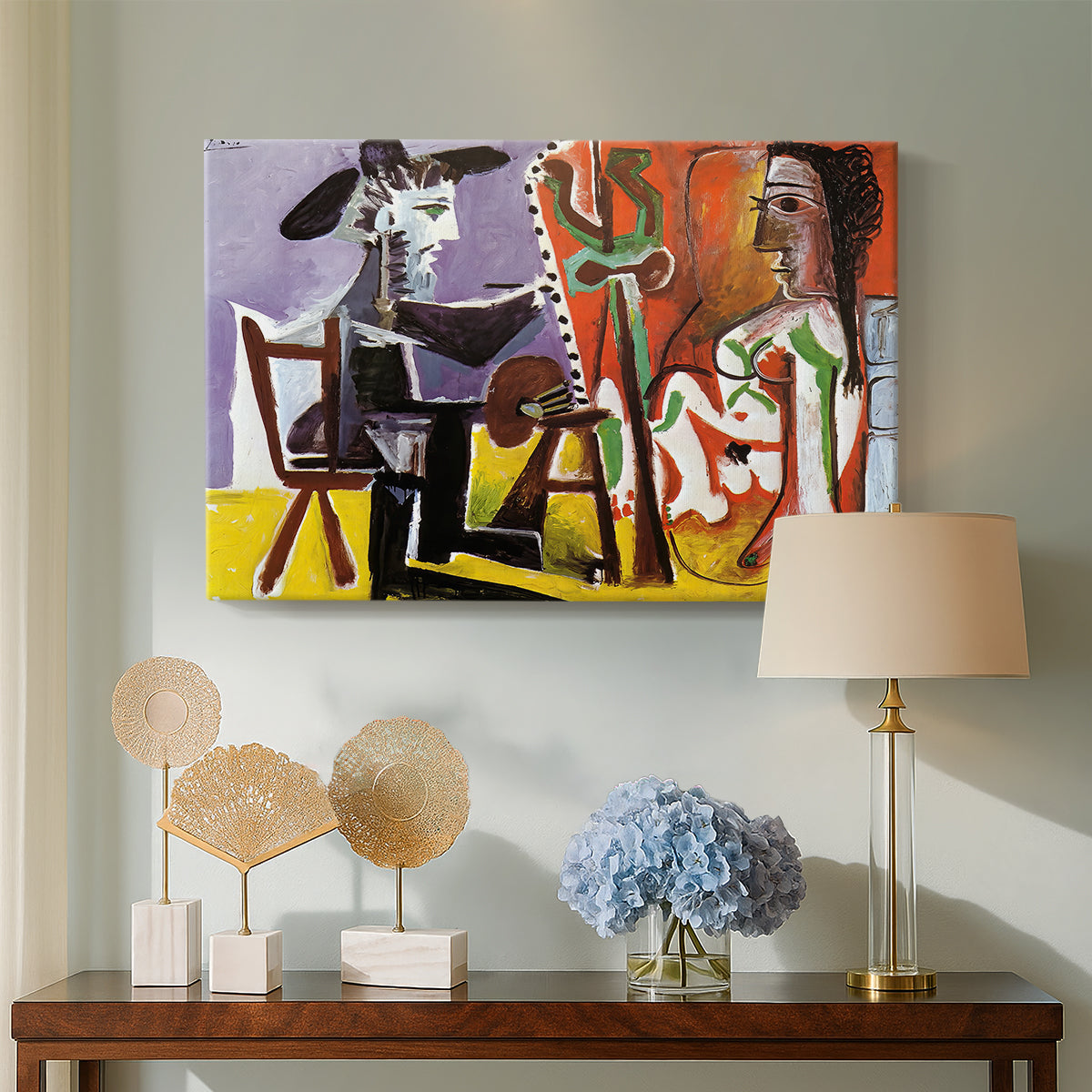 Canvas art print featuring an expressive figures built from planes, displayed above a styled console table