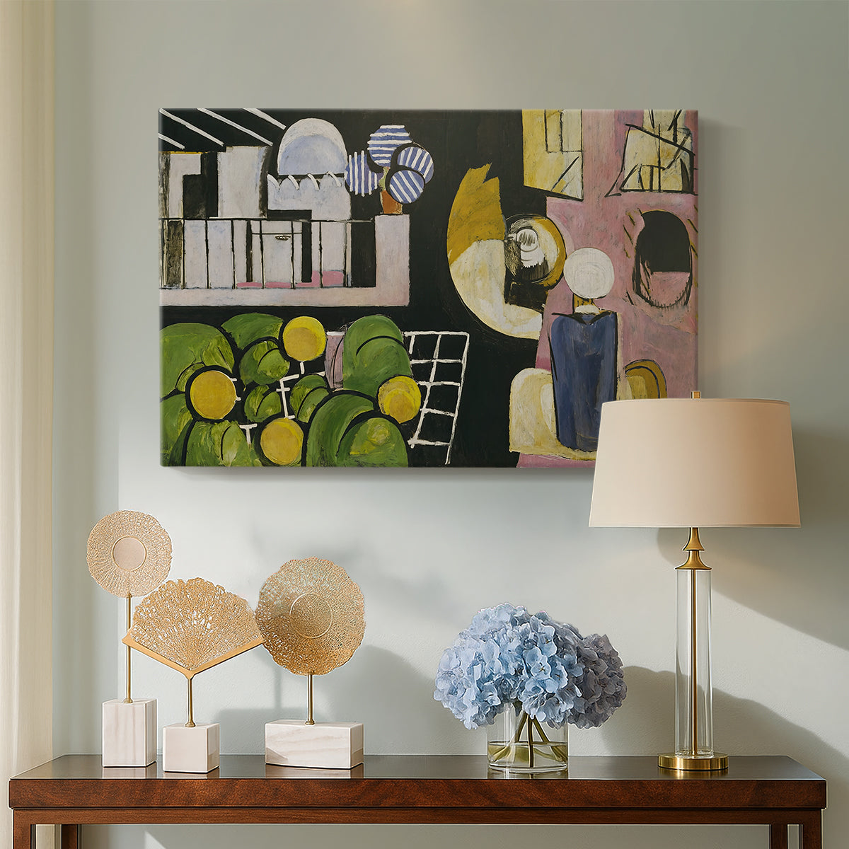 Canvas art print featuring an expressive composition with arches and figures, displayed above a styled console table