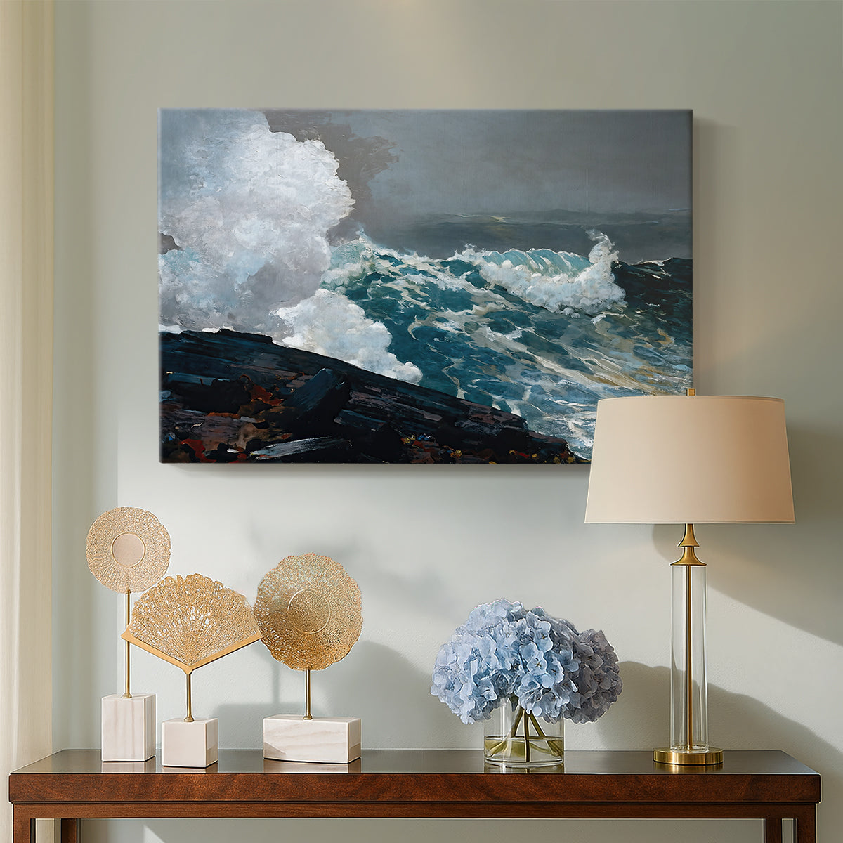 Canvas art print featuring a coastal composition emphasizing force of wind and waves, displayed above a styled console table