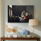 Canvas art print featuring a Baroque interior with paused musical activity, displayed above a styled console table