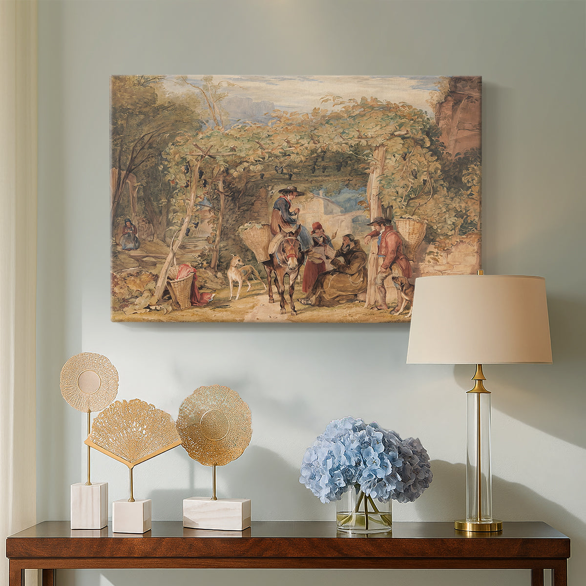 Canvas art print featuring an expressive countryside composition with agriculture, displayed above a styled console table