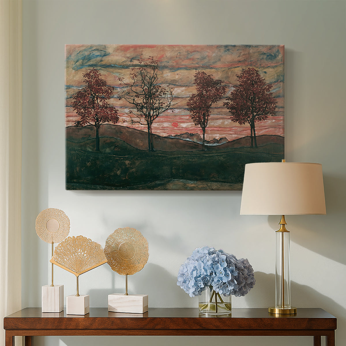 Canvas art print featuring a stylized nature scene with strong outlines and simple composition, displayed above a styled console table