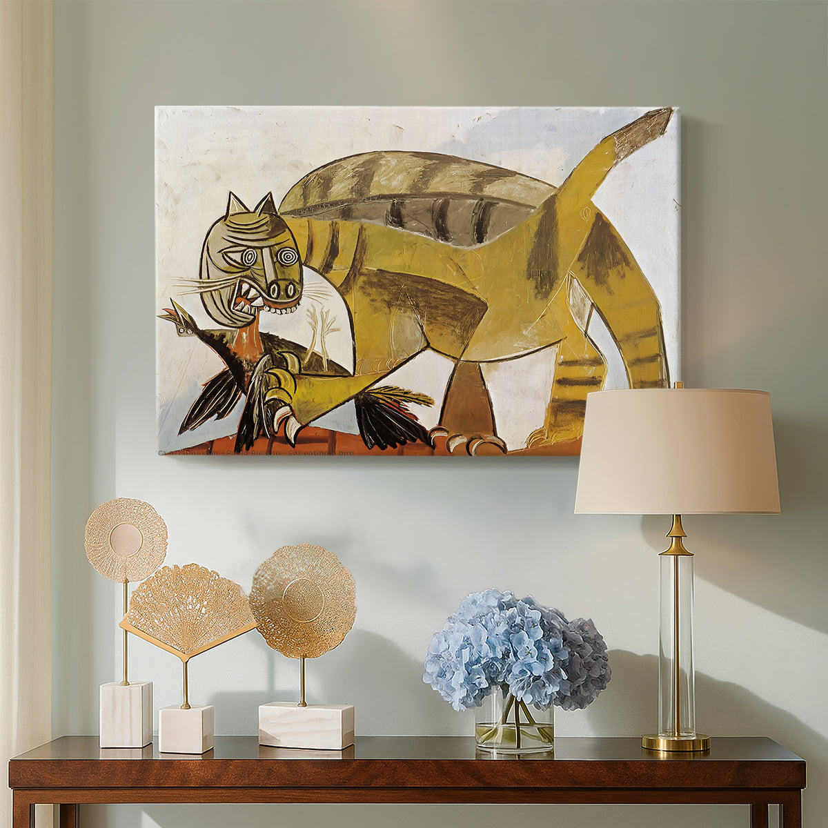 Canvas art print featuring an expressive composition with exaggerated feline form, displayed above a styled console table