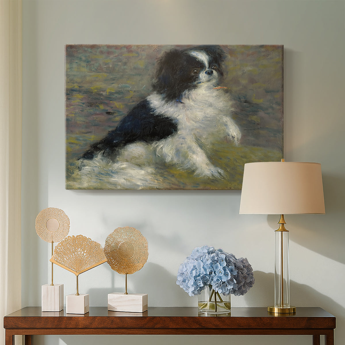 Canvas art print featuring a close-up of a small dog in motion surrounded by rippling water, displayed above a styled console table