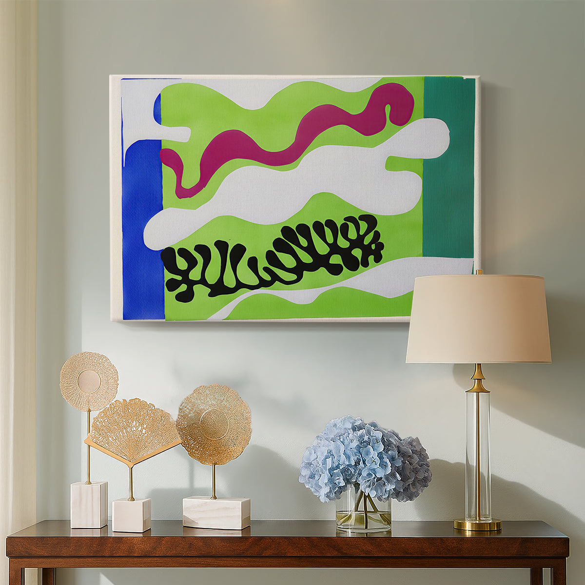 Canvas art print featuring an expressive abstract work with organic lines, displayed above a styled console table