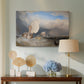 Canvas art print featuring a maritime scene with boats and people gathered along shoreline, displayed above a styled console table