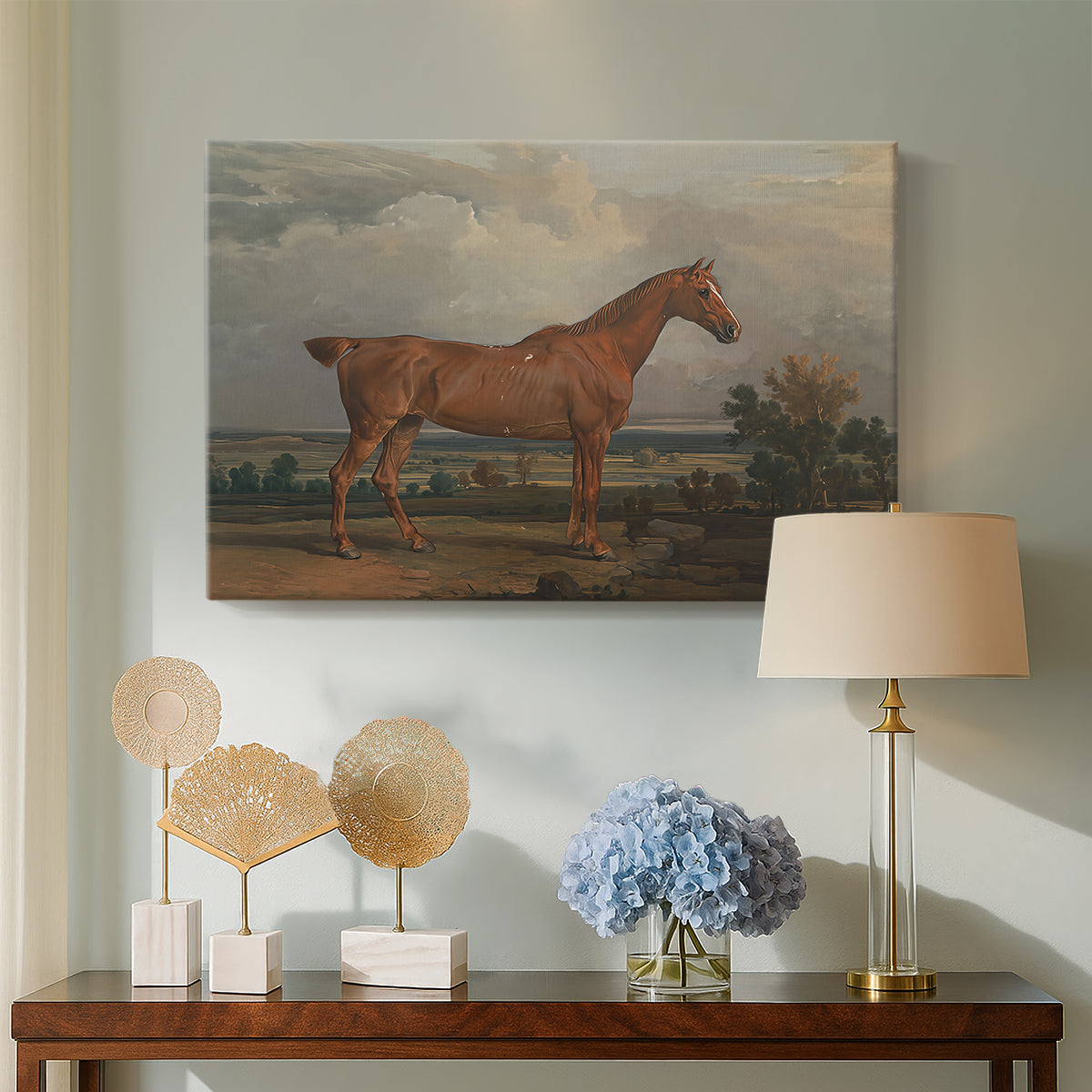 Canvas art print featuring a realistic depiction of hunter in natural setting, displayed above a styled console table