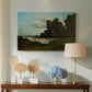 Canvas art print featuring a countryside waterway with town along horizon, displayed above a styled console table