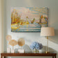 Canvas art print featuring a pointillist lighthouse view, displayed above a styled console table