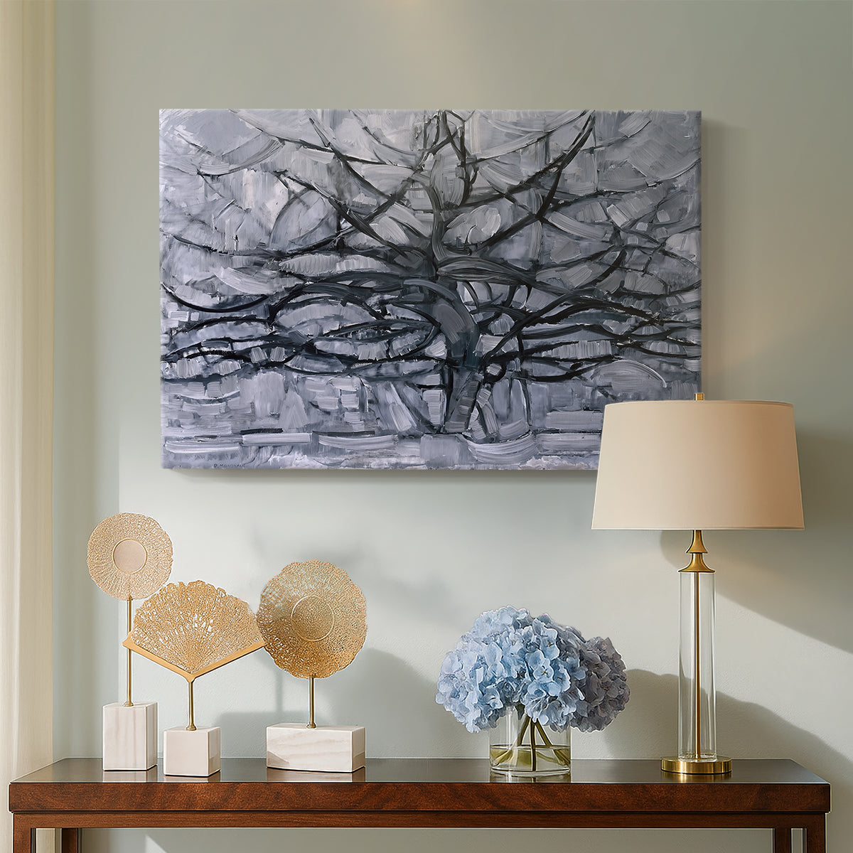 Canvas art print featuring a linear composition focusing on network of branches, displayed above a styled console table
