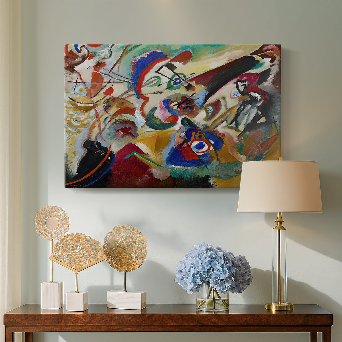 Canvas art print featuring a dynamic arrangement of shapes suggesting larger composition, displayed above a styled console table