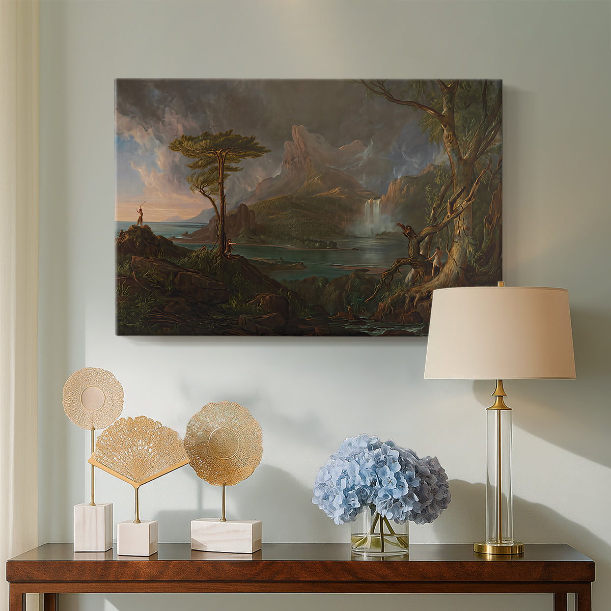 Canvas art print featuring an expressive composition emphasizing raw landscape features, displayed above a styled console table