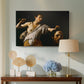 Canvas art print featuring a Baroque depiction of youth holding severed head in shadowy setting, displayed above a styled console table