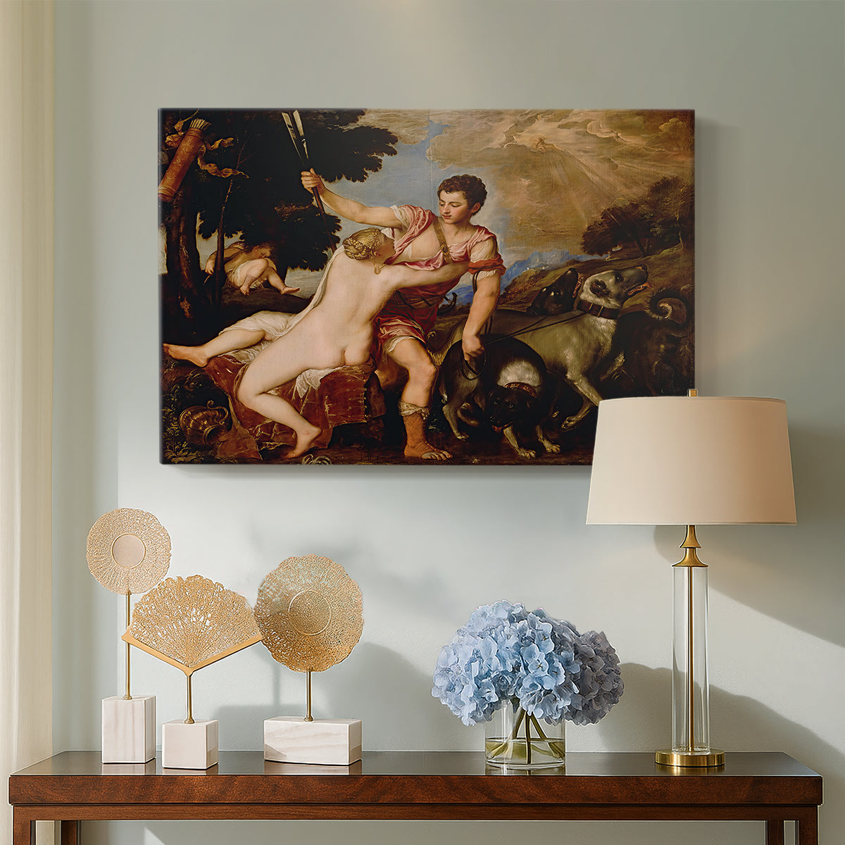 Canvas art print featuring an emotional figure composition with hunting dogs and movement, displayed above a styled console table