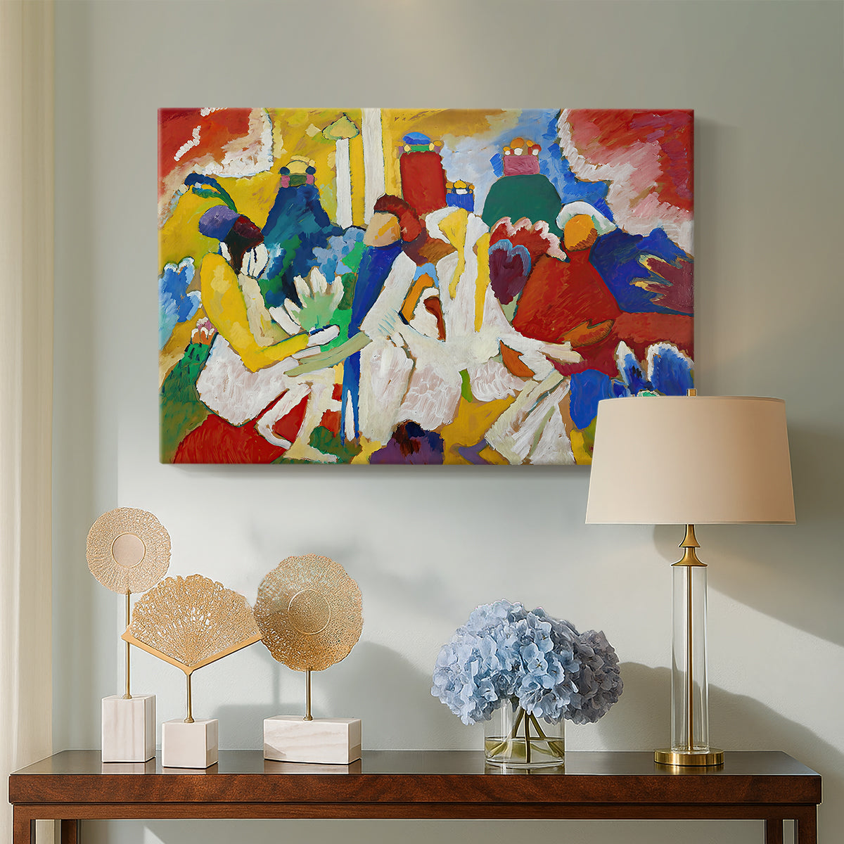 Canvas art print featuring a dynamic arrangement evoking cultural motifs through abstraction, displayed above a styled console table