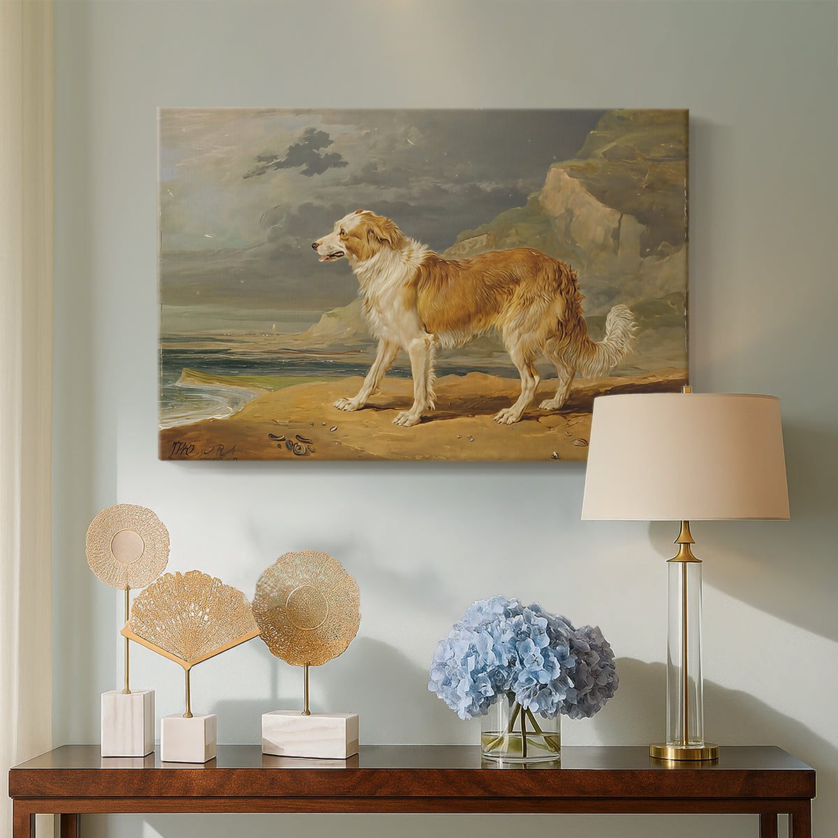 Canvas art print featuring a realistic depiction of collie in rural environment, displayed above a styled console table