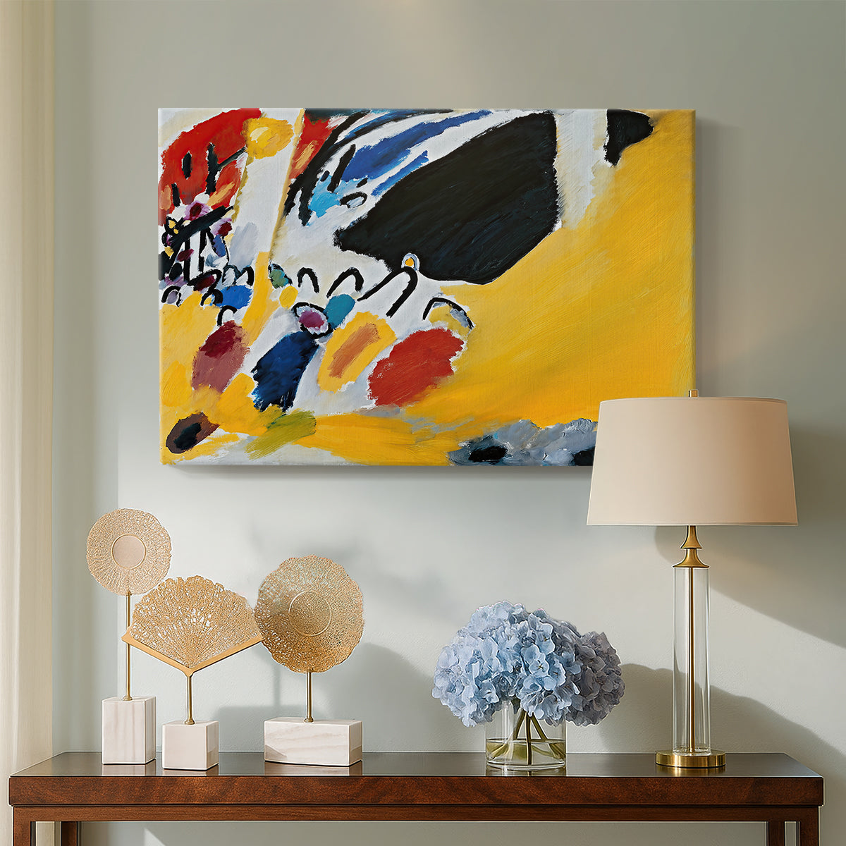 Canvas art print featuring a dynamic arrangement with strong tonal contrast and minimal structure, displayed above a styled console table