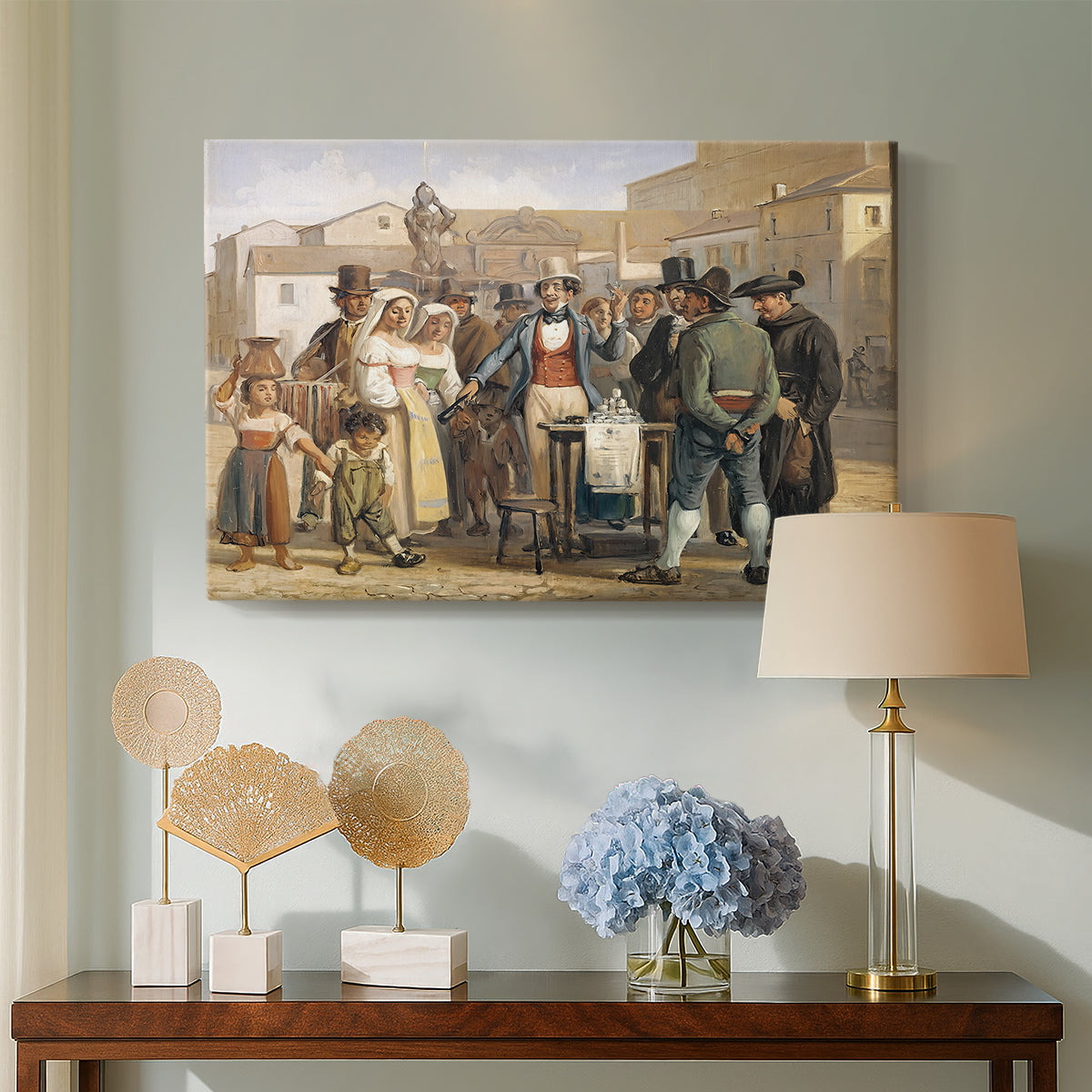 Canvas art print featuring an outdoor marketplace with central figure addressing onlookers, displayed above a styled console table