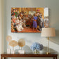 Canvas art print featuring a religious gathering with layered figures and interior depth, displayed above a styled console table