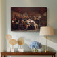Canvas art print featuring a traditional funeral gathering with figures eating and conversing in hall, displayed above a styled console table