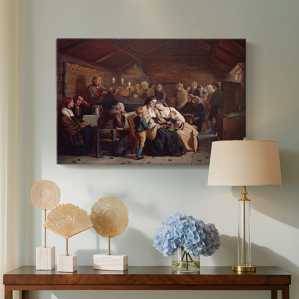 Canvas art print featuring a traditional funeral gathering with figures eating and conversing in hall, displayed above a styled console table