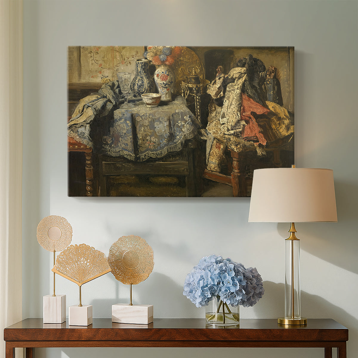 Canvas art print featuring a realistic still life with multiple objects and textures, displayed above a styled console table