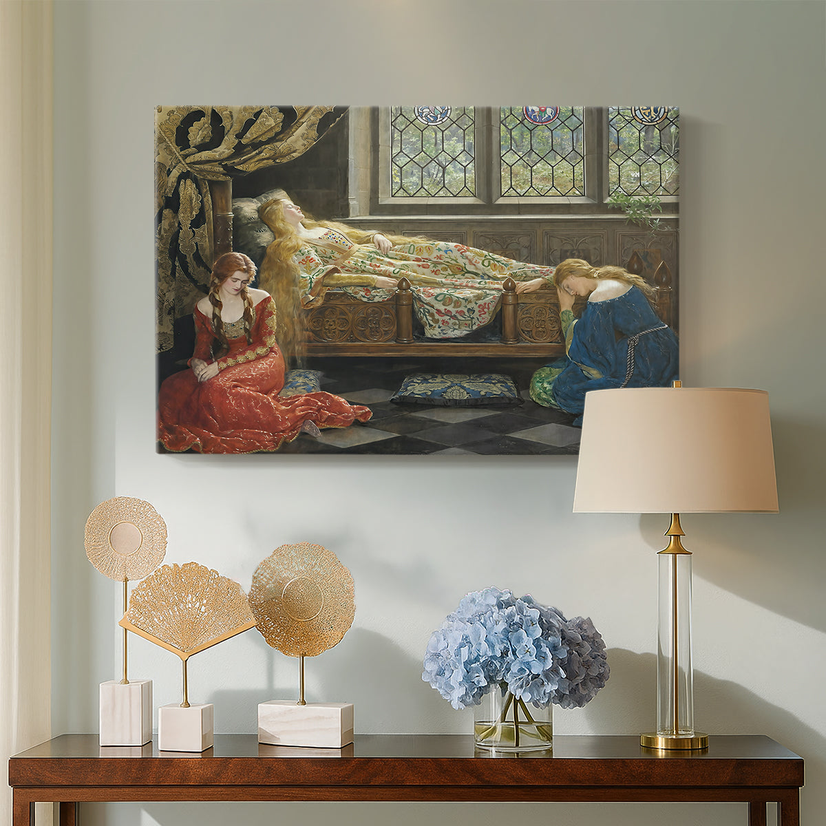 Canvas art print featuring an expressive interior composition, displayed above a styled console table
