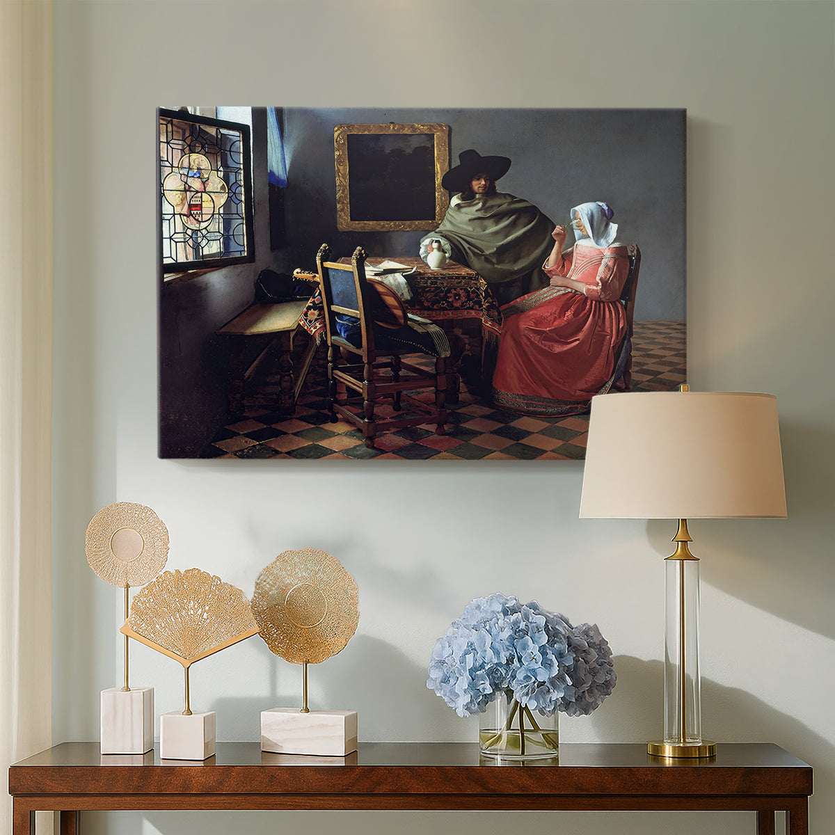 Canvas art print featuring a Baroque interior with social interaction, displayed above a styled console table