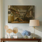 Canvas art print featuring an interior scene with figure engaged in manual work, displayed above a styled console table